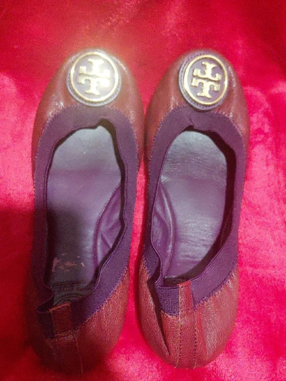 Tory Burch Cherry Red Leather Logo Ballet Flats